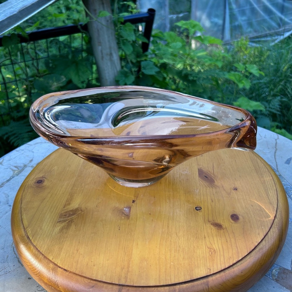 Vintage Centerpiece Bowl Amber Peach Asymmetric Splash MCM Art Glass Murano
